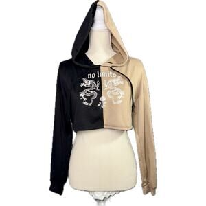 No Boundaries Crop Hoodie Sz 11/13 Dragon Graphic Colorblock Black Tan Y2K Style